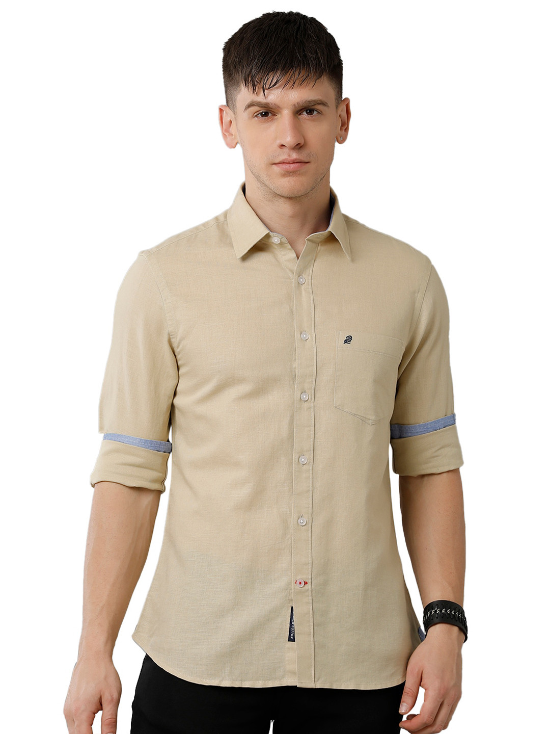 

Double Two Spread Collar Cotton Casual Shirt, Beige