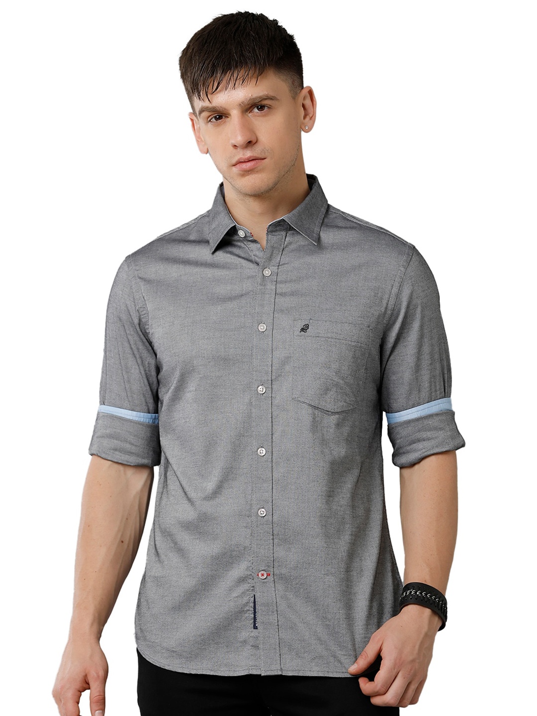 

Double Two India Slim Spread Collar Cotton Casual Shirt, Grey melange