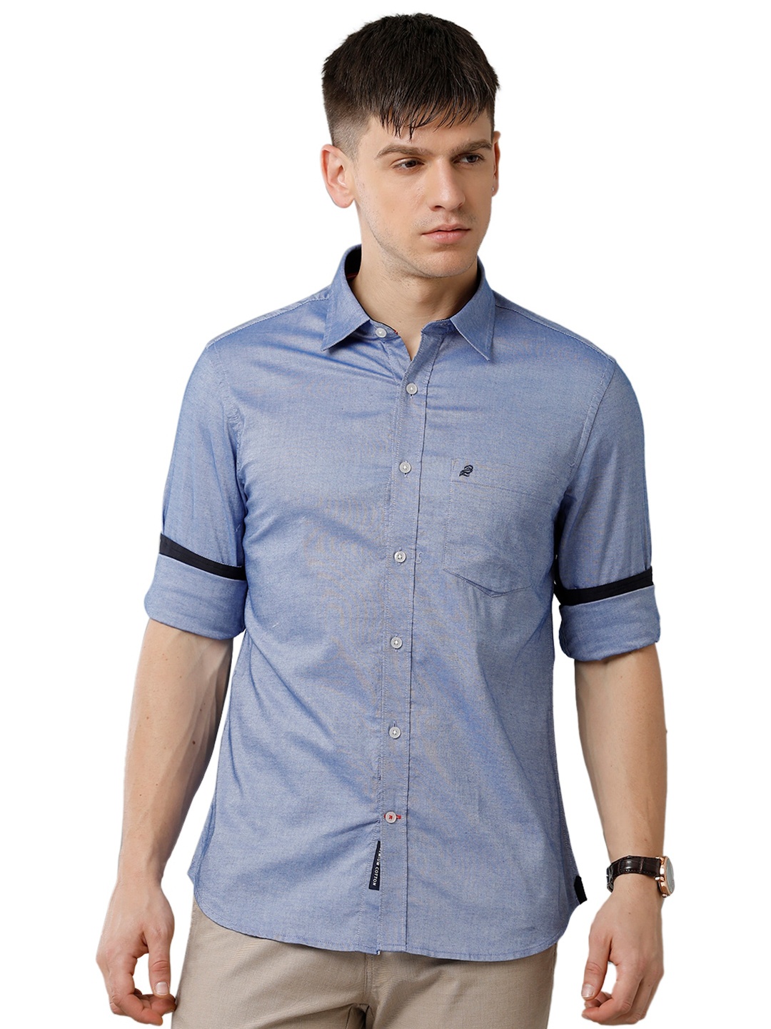 

Double Two Spread Collar Cotton Casual Shirt, Blue