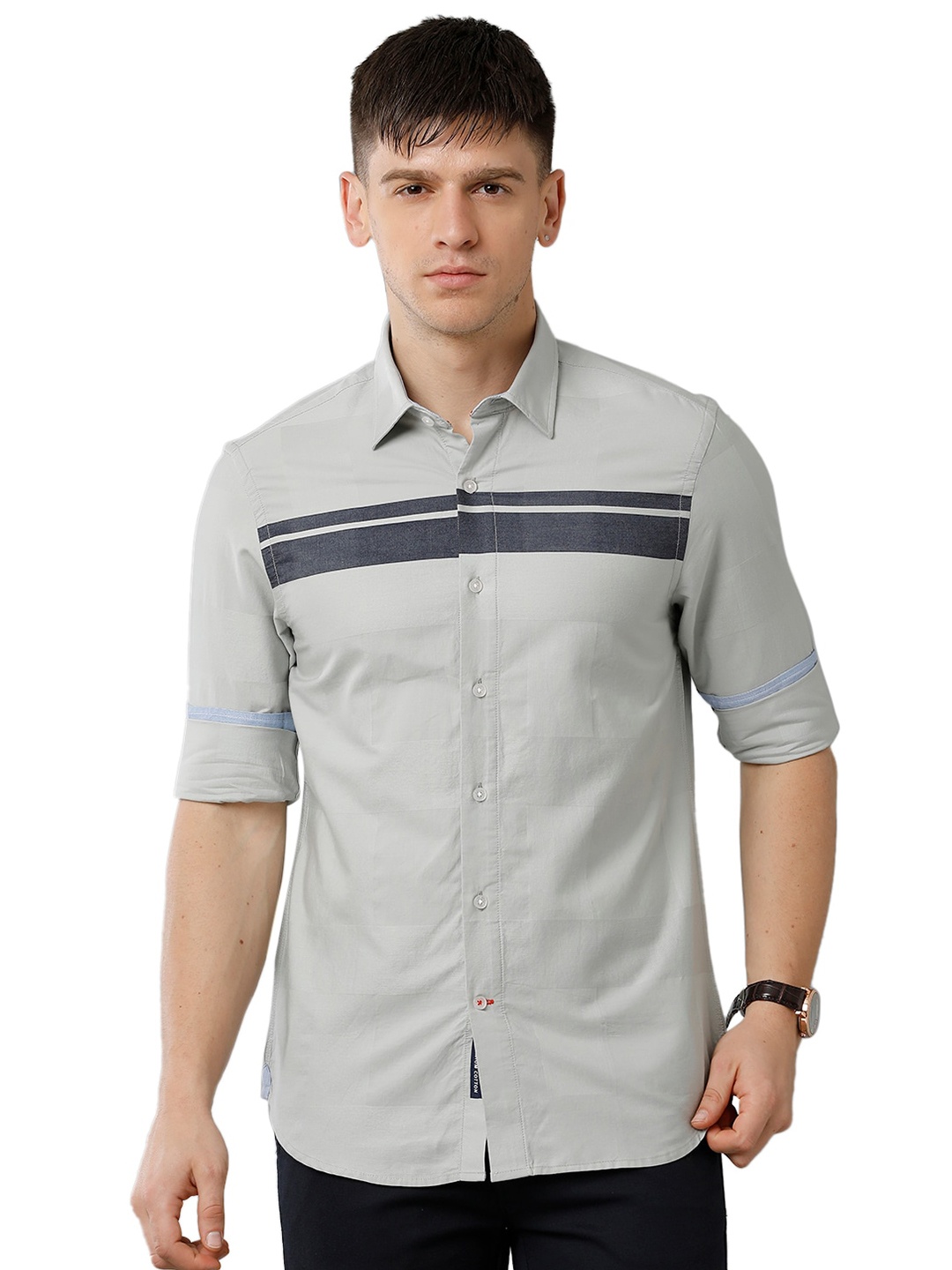 

Double Two India Slim Horizontal Striped Cotton Casual Shirt, Grey melange