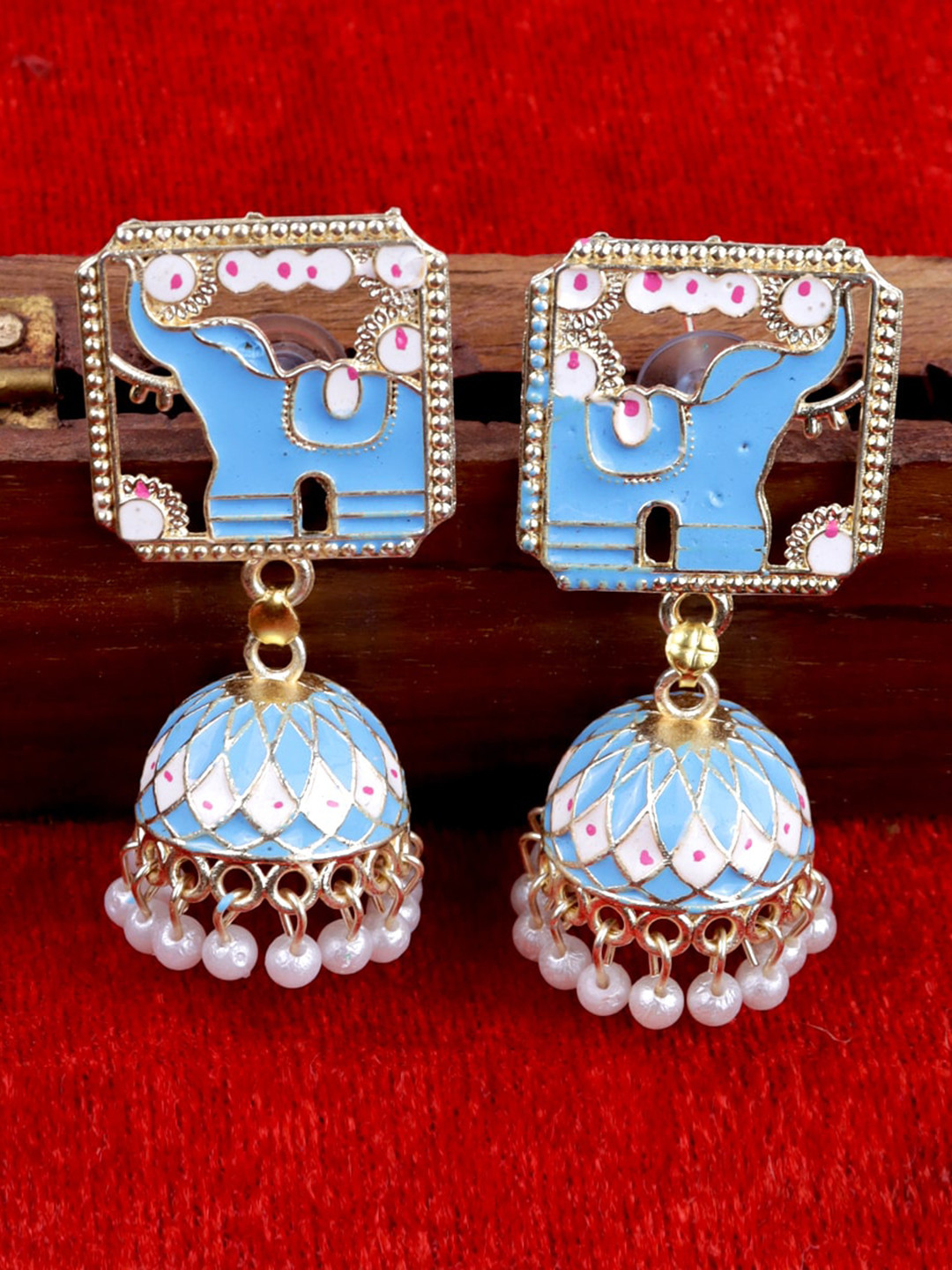 

VAGHBHATT Gold Plated Square Pearl Beaded Jhumkas Earrings, Blue