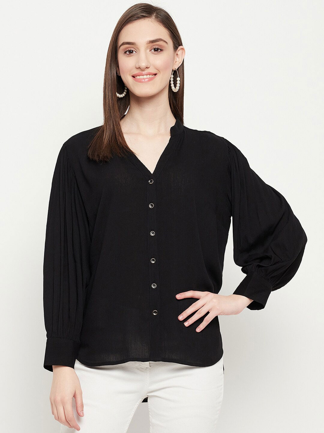 

Ruhaans Classic Spread Collar Puffed Sleeves Casual Shirt, Black