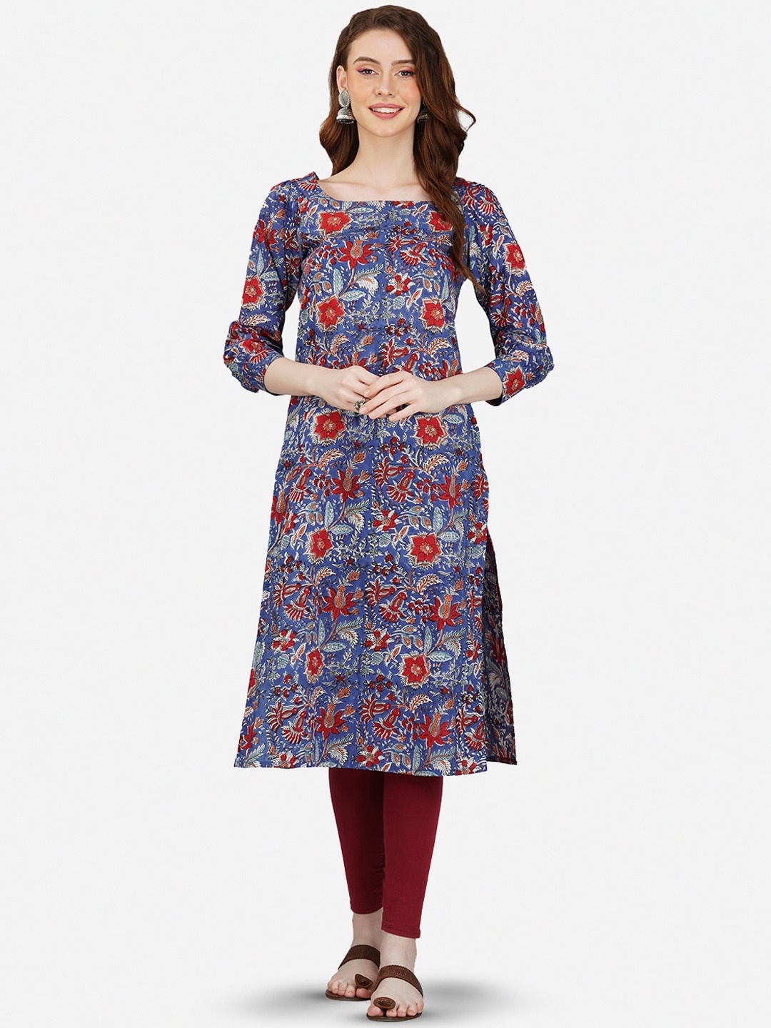 

GULAB CHAND TRENDS Floral Printed Boat Neck Pure Cotton Kurta, Blue