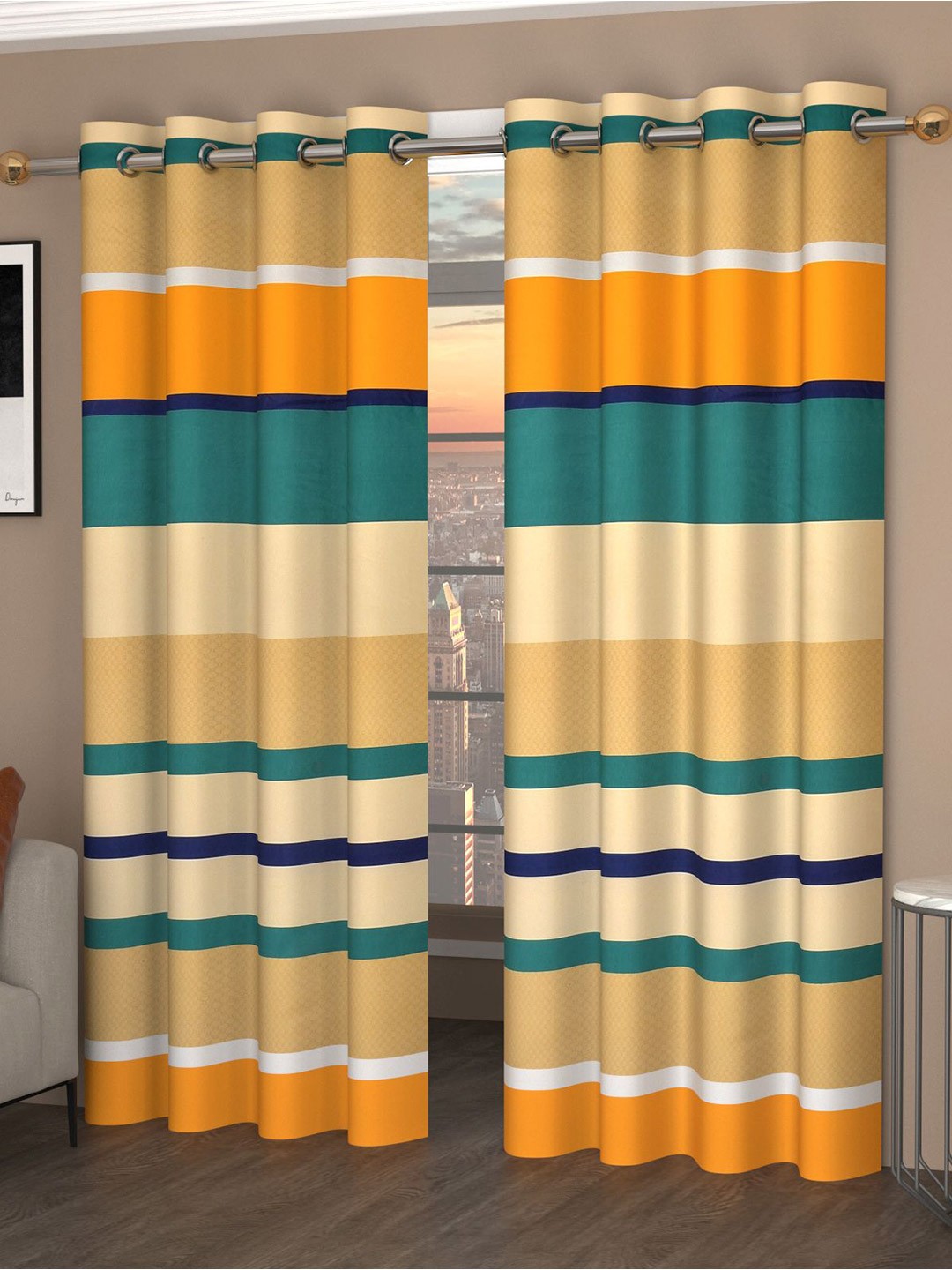 

Bajo's Beige & Blue Set of 2 Striped Door Curtain