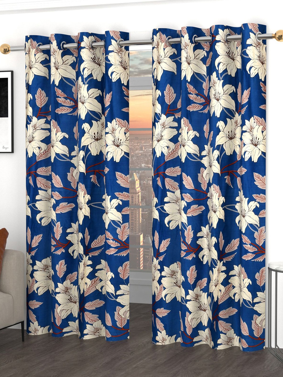 

Bajo's White & Blue Set of 2 Floral Door Curtain