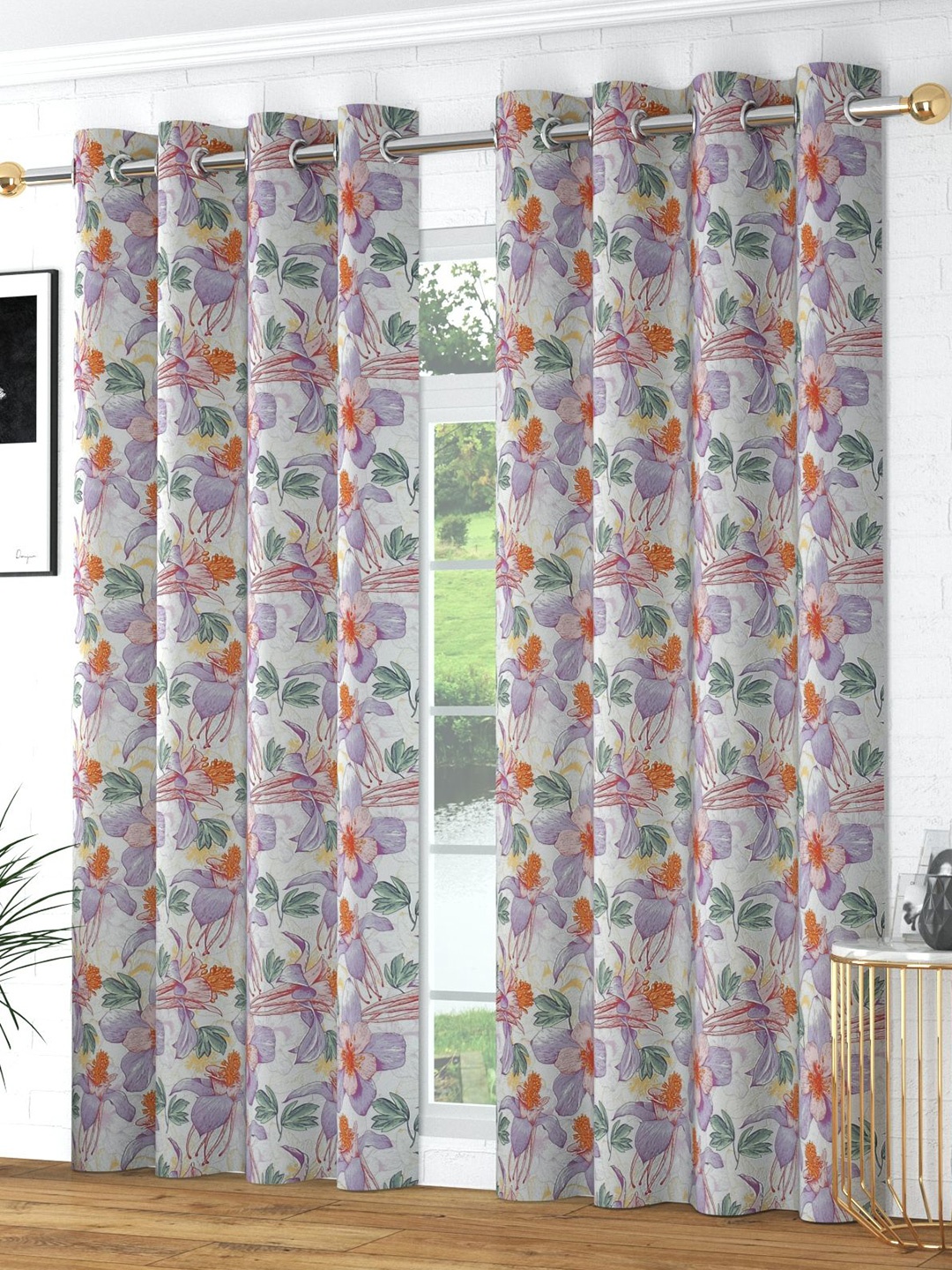 

Bajo's White & Purple Set of 2 Floral Door Curtain