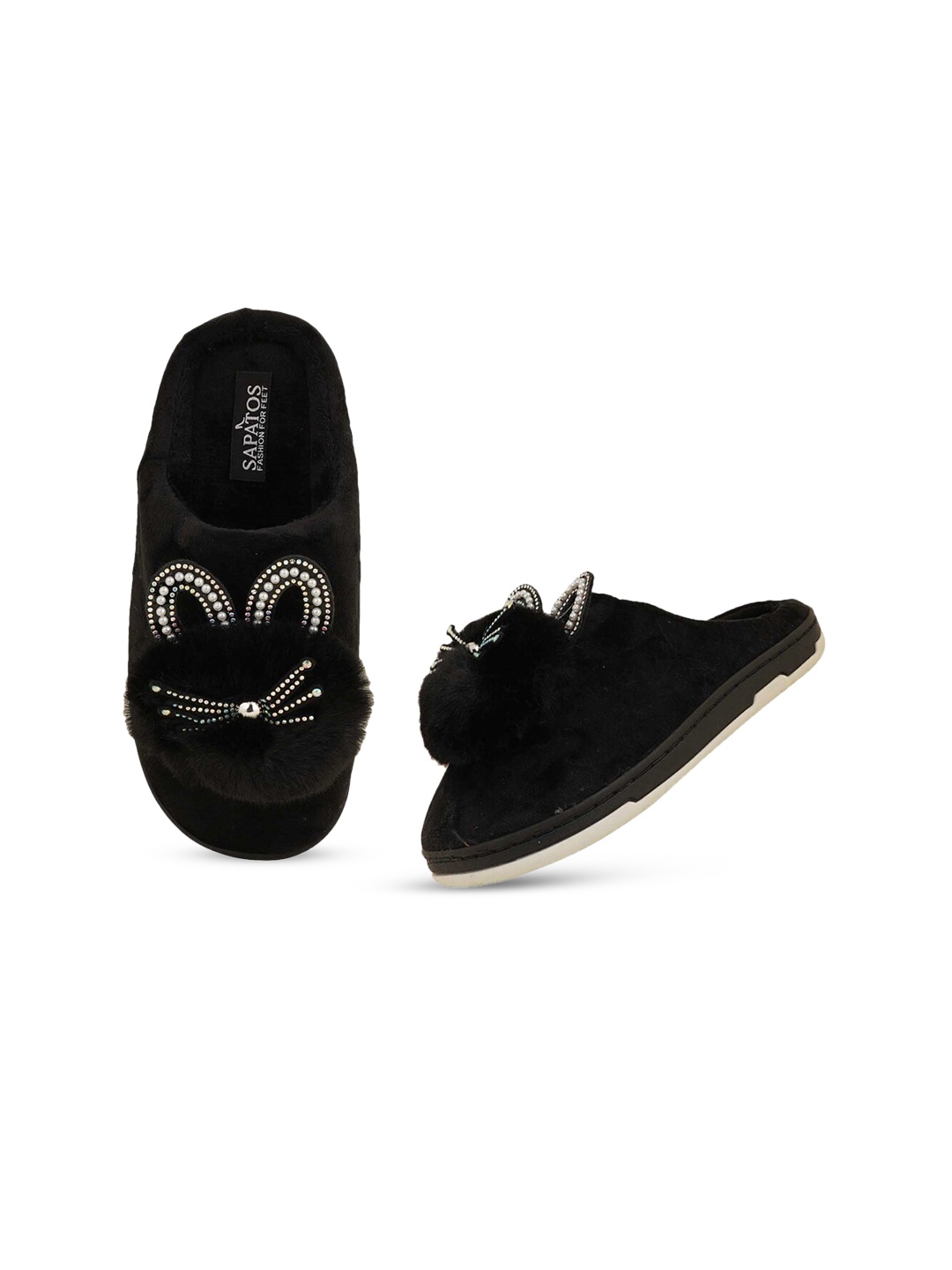 

SAPATOS Women Embellished Fabric Room Slippers, Black