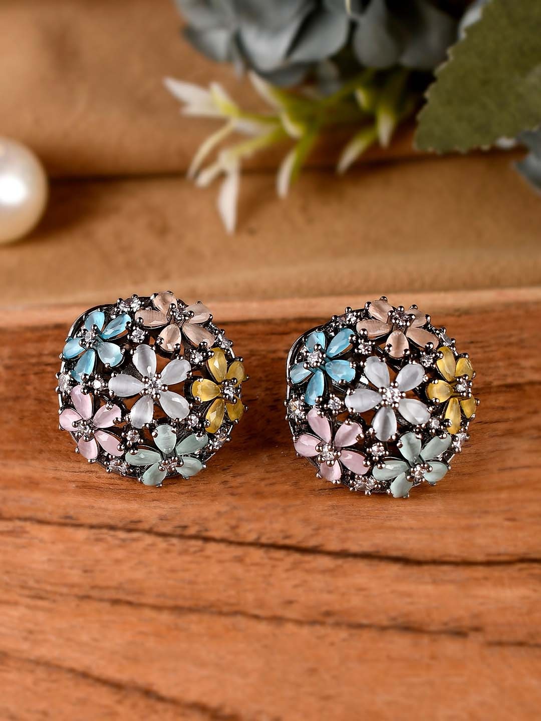 

AQUASTREET JEWELS Rhodium-Plated Floral Studs Earrings, Blue
