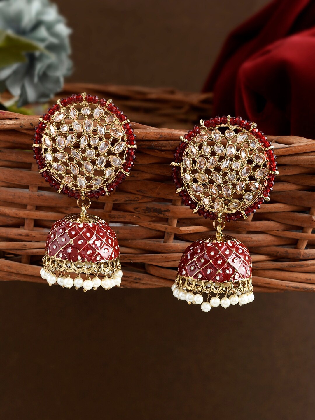 

AQUASTREET JEWELS Gold-Plated American Diamond Studded Dome Shaped Jhumkas, Red