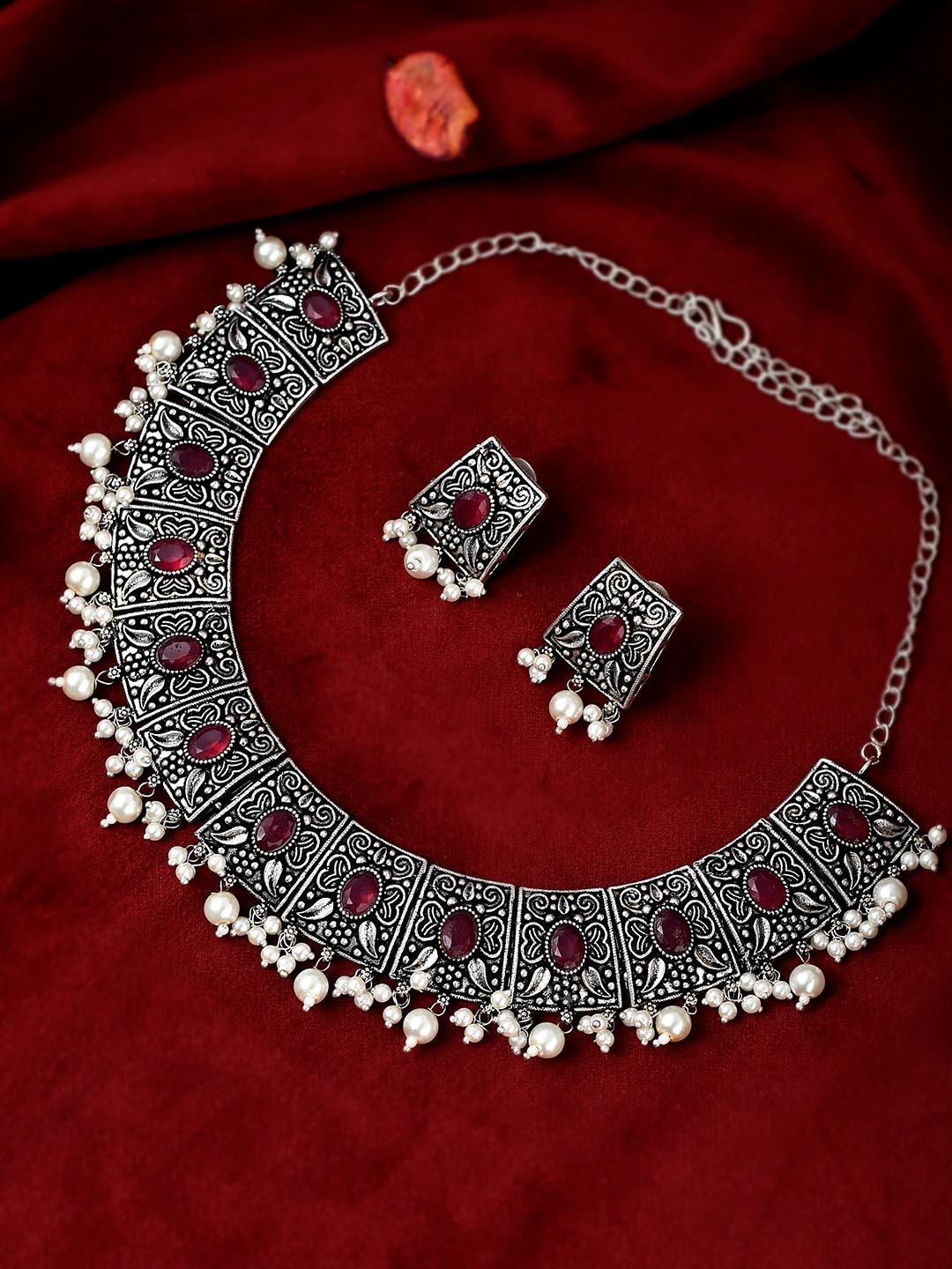 

AQUASTREET JEWELS Silver-Plated Faux Ruby Studded Necklace & Earrings Set
