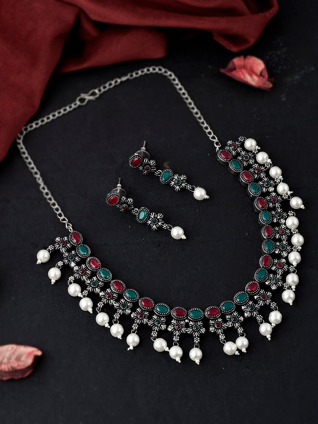 

AQUASTREET JEWELS Silver-Plated Stone-Studded Oxidised Necklace & Earrings Set