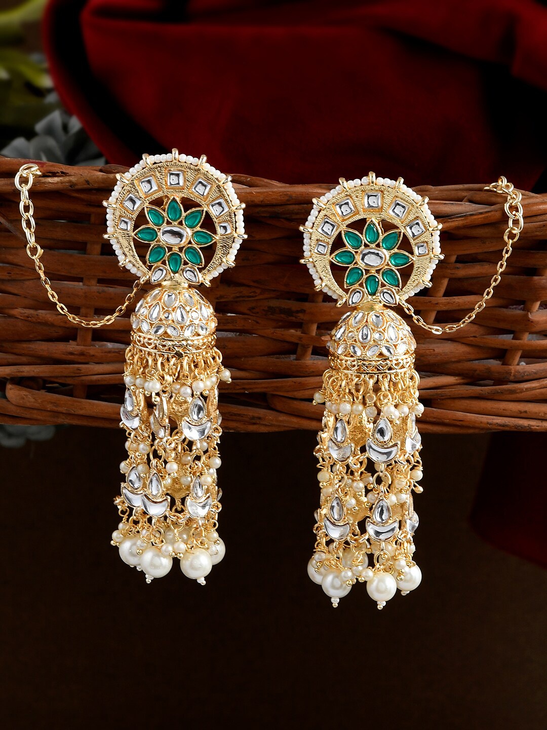 

AQUASTREET JEWELS Gold-Plated Contemporary Jhumkas Earrings With Earchain, Off white