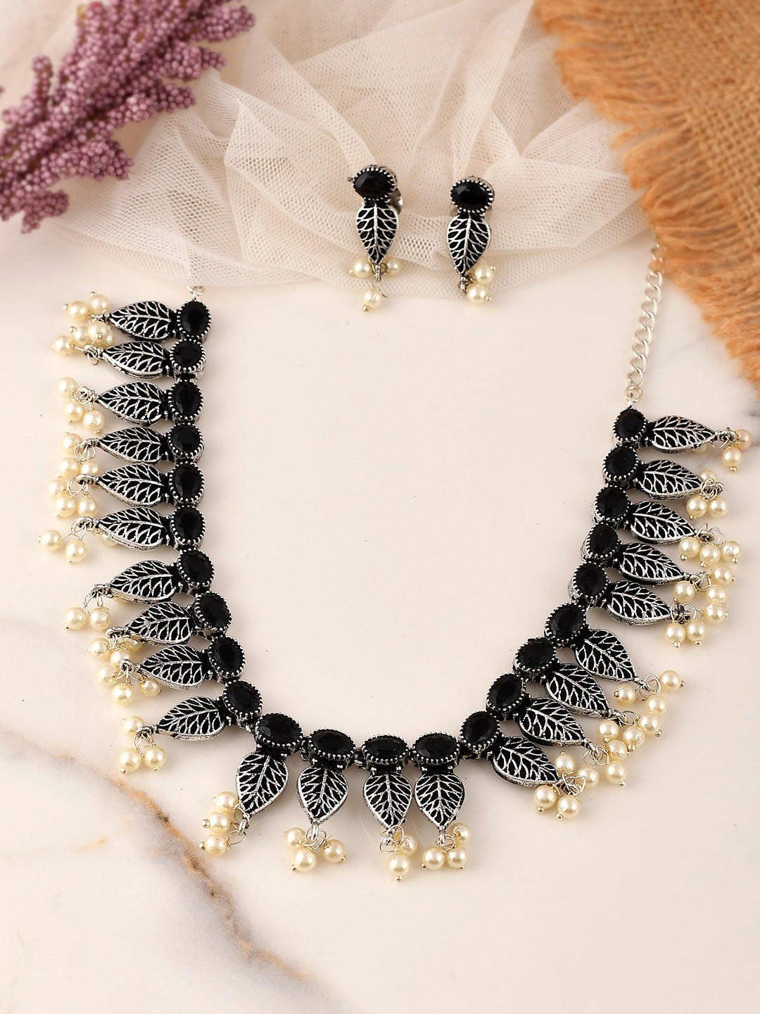 

AQUASTREET JEWELS Oxidized Silver Plated Stone Studded Necklace & Earrings Set, Black