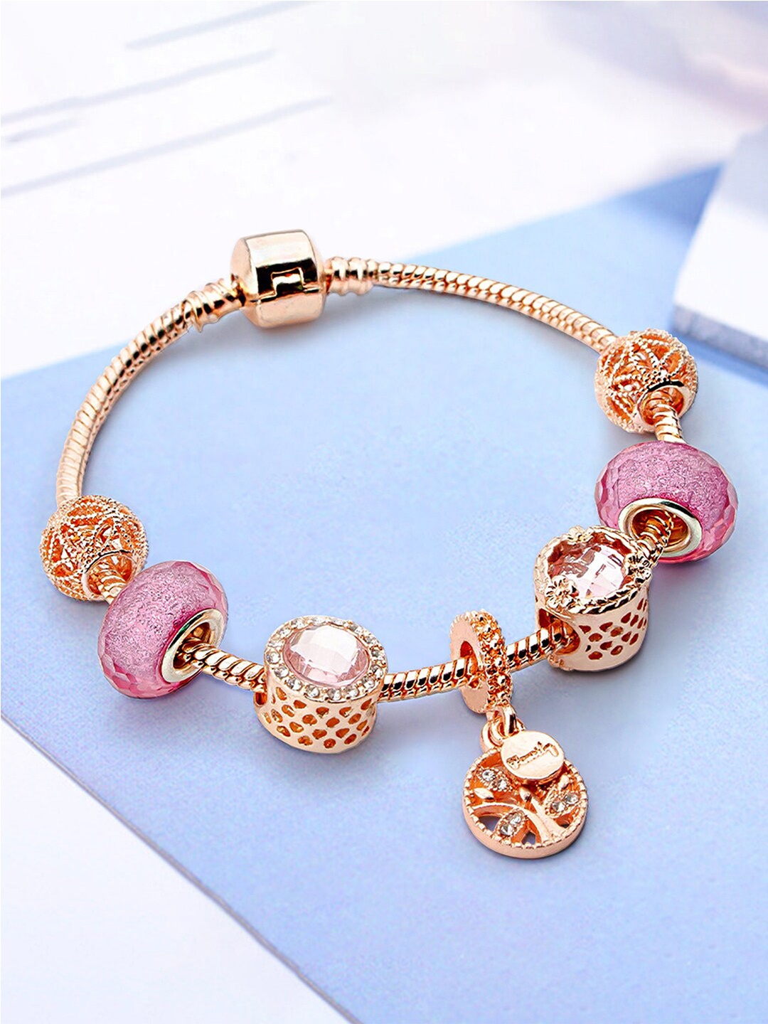 

Peora Women Cubic Zirconia Rose Gold-Plated Charm Bracelet