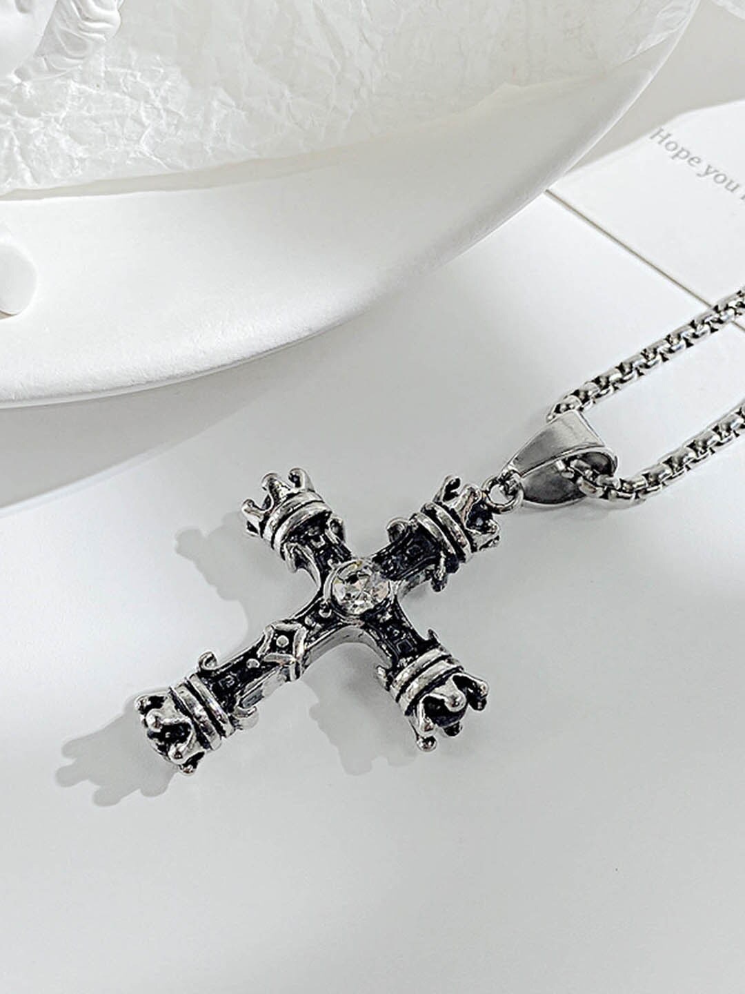 

Peora Silver-Plated Stainless Steel Cross Pendant Chain, Black