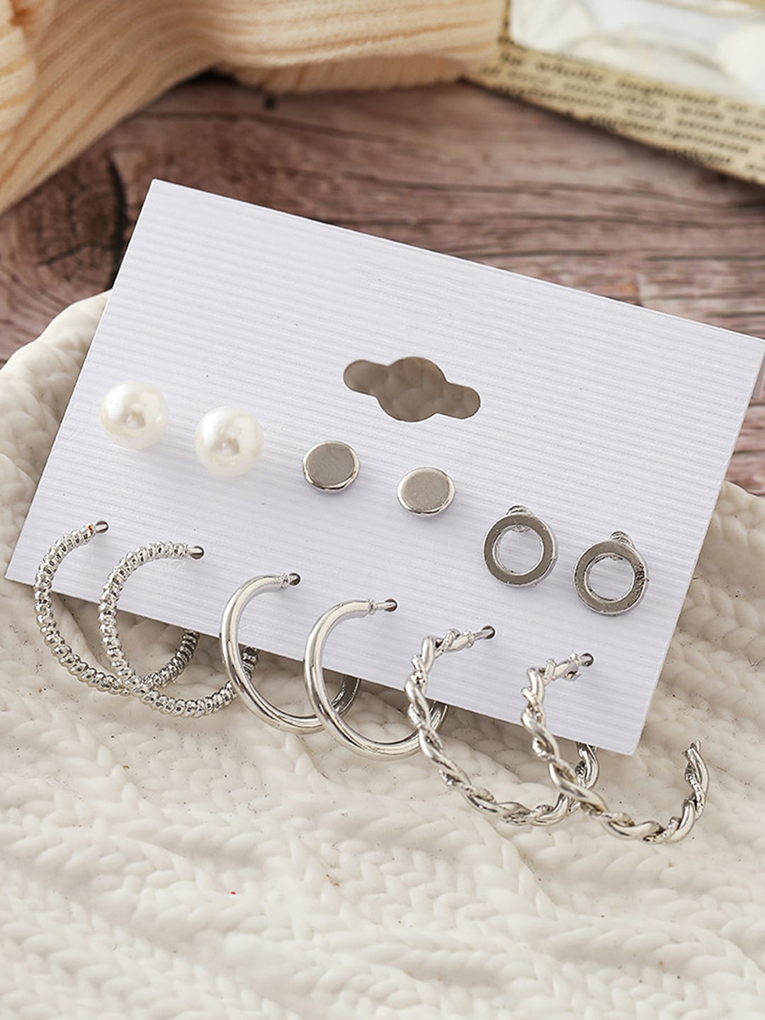 Peora Pack Of 6 Silver-Plated Contemporary Studs Earrings