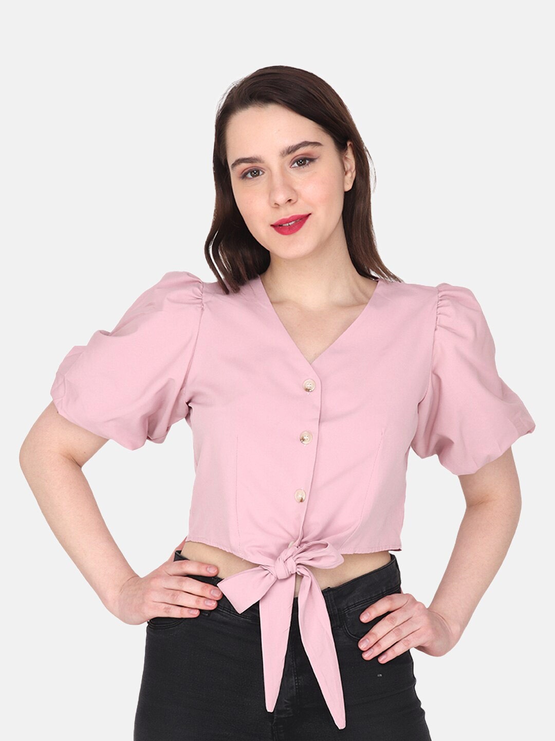 

Albion V-Neck Shirt Style Crop Top, Peach
