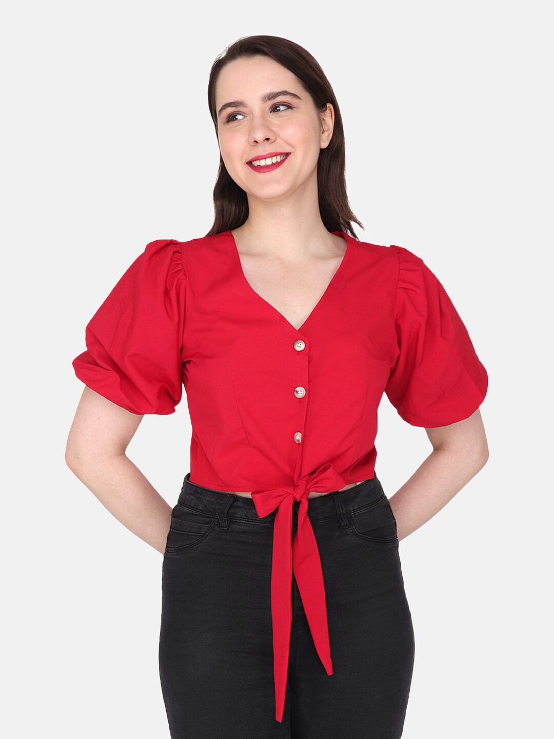 

Albion V-Neck Puff Sleeves Top, Red