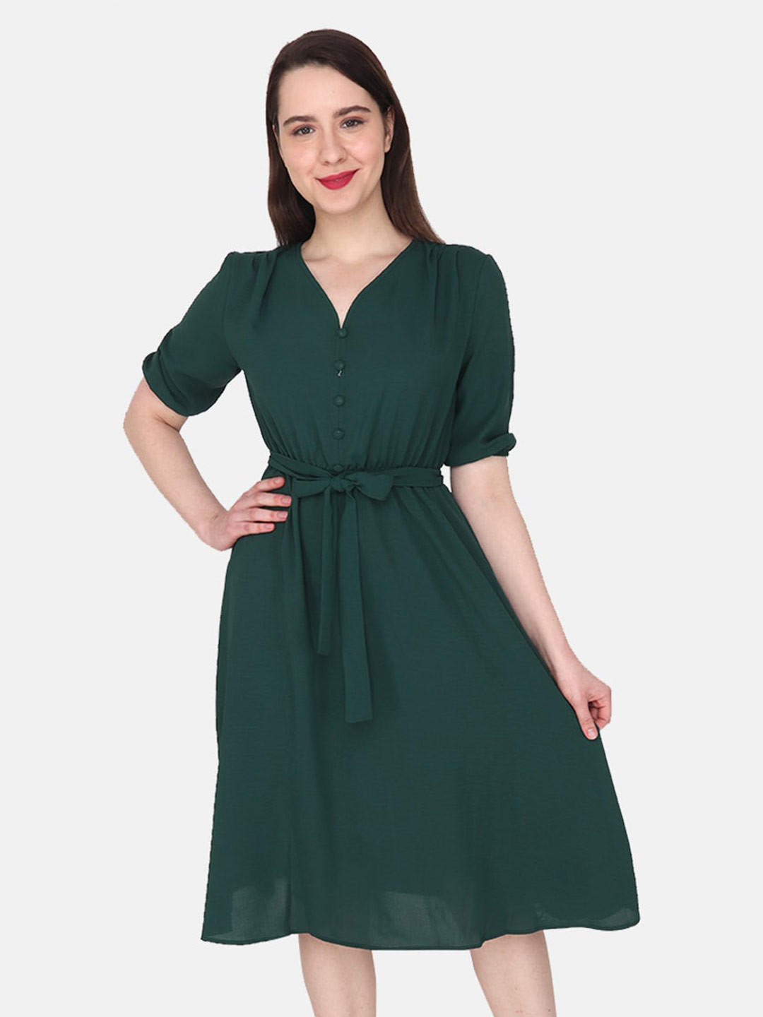 

Albion V-Neck Waist Tie- Ups Puff Sleeves Dresses, Green