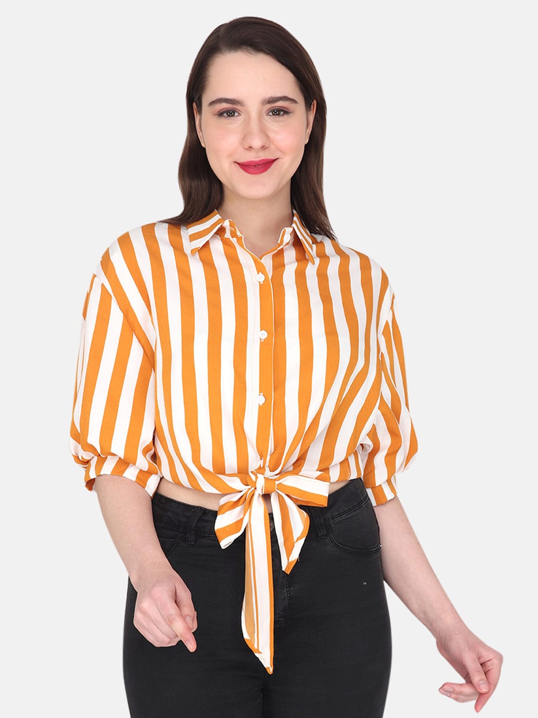 

Albion Striped Waist Tie Ups Puff Sleeves Shirt Style Top, Yellow