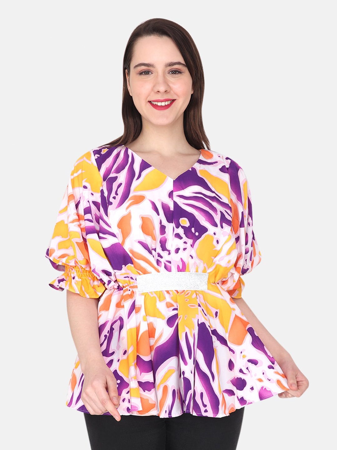 

Albion V-Neck Puffed Sleeves Abstract Printed Peplum Top, Purple