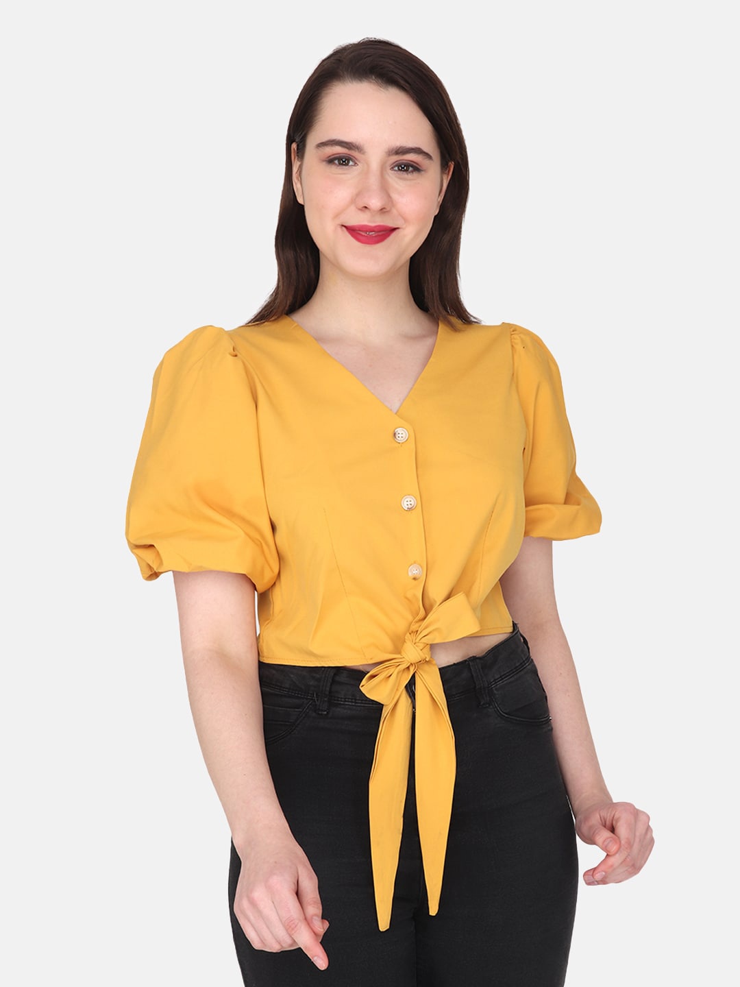 

Albion Puff Sleeves Tie up Top, Yellow