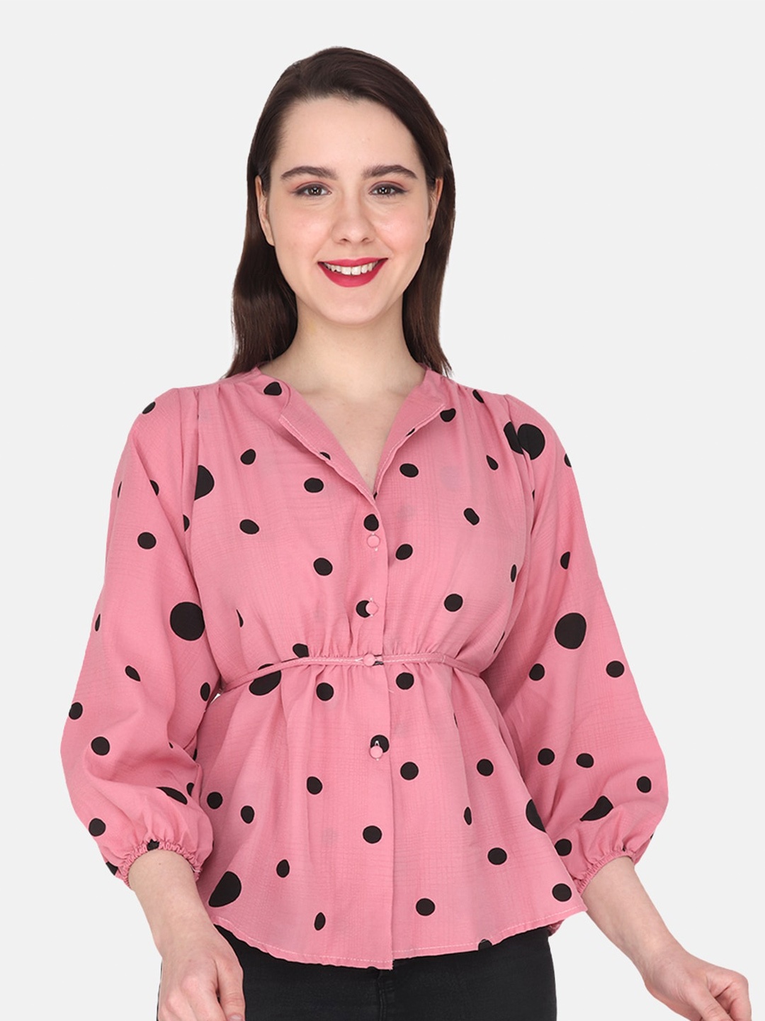 

Albion Puff Sleeves Polka Dots Print Cinched Waist Top, Pink