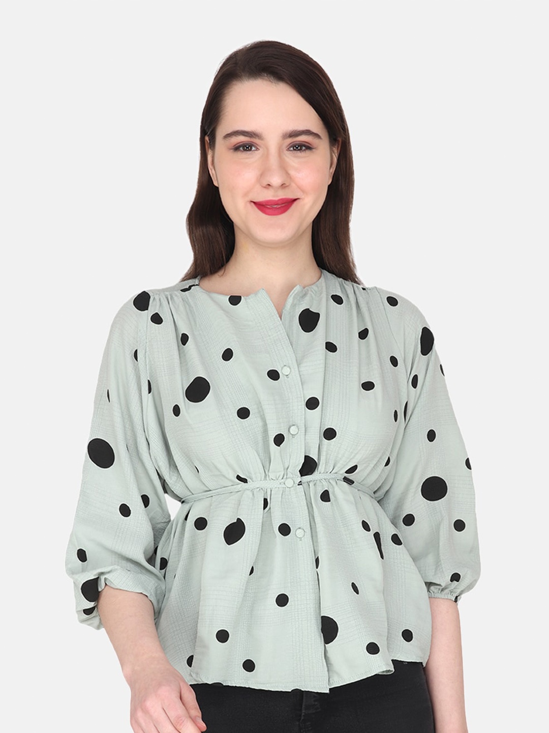 

Albion Puff Sleeves Polka Dots Print Cinched Waist Top, Green