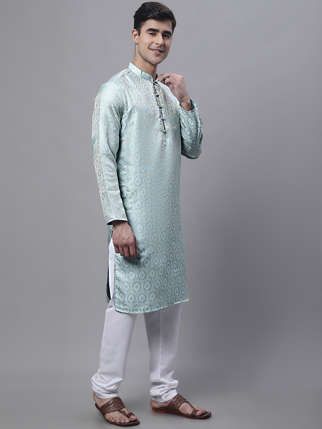 

Jompers Woven Design Jacquard Straight Kurta with Churidar, Turquoise blue