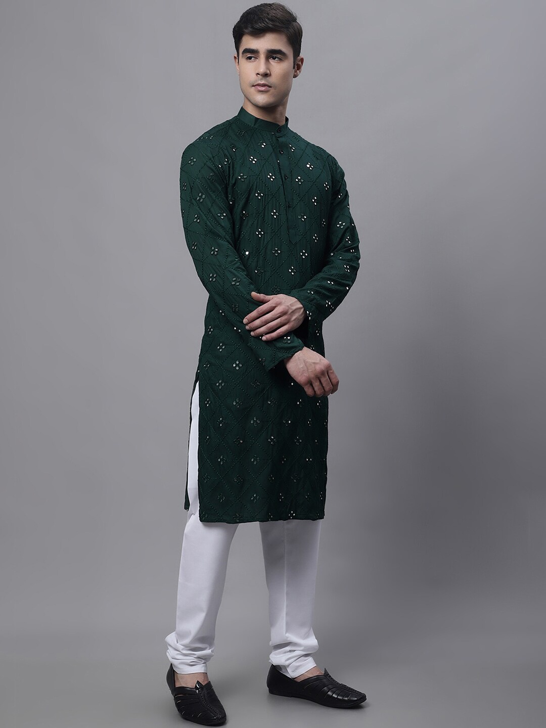 

Jompers Geometric Embroidered Mirror Work Pure Cotton Kurta with Churidar, Green