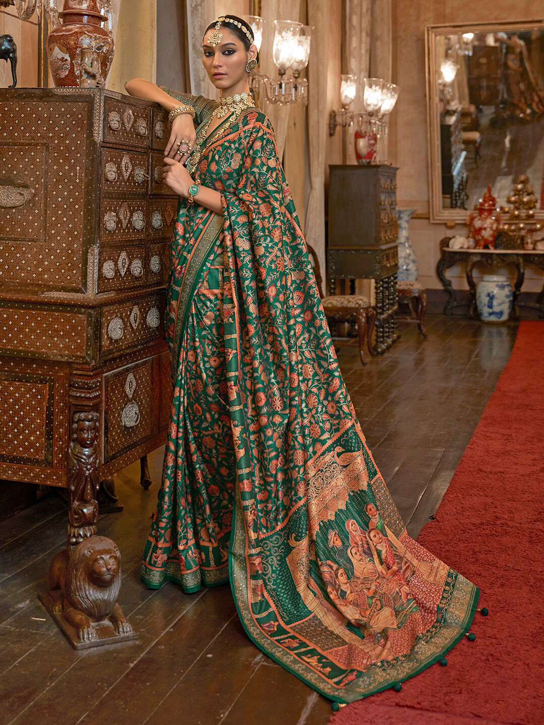 

Anouk Floral Motif Zari Saree With Embelished Border, Teal