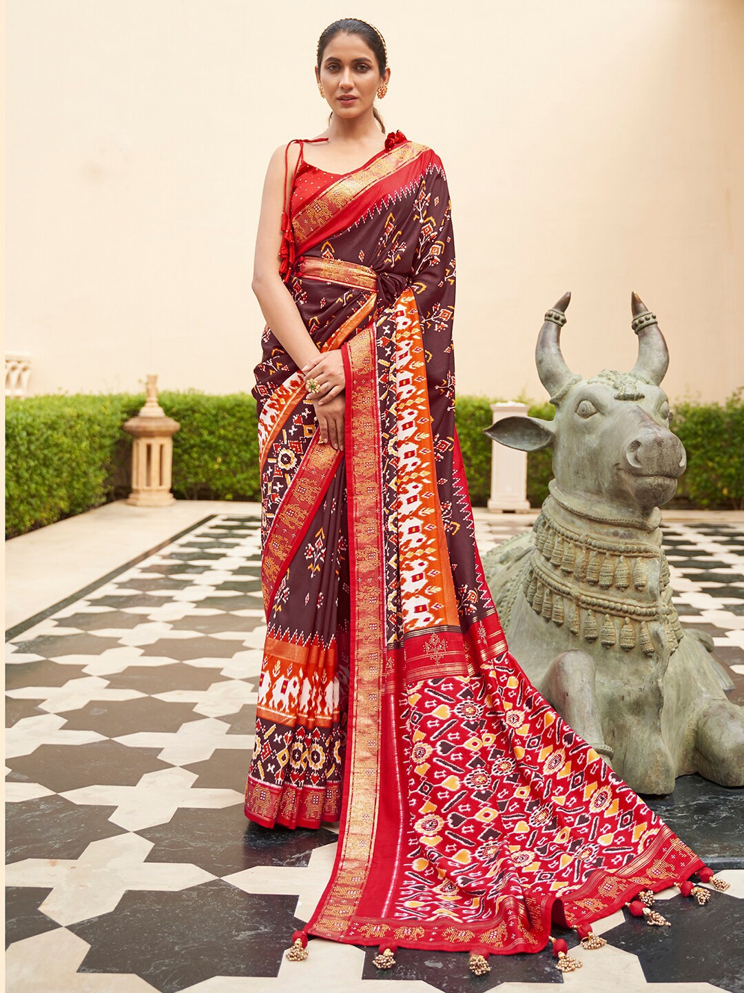 

Anouk Ethnic Motifs Beads and Stones Embellished Pochampally Saree, Brown