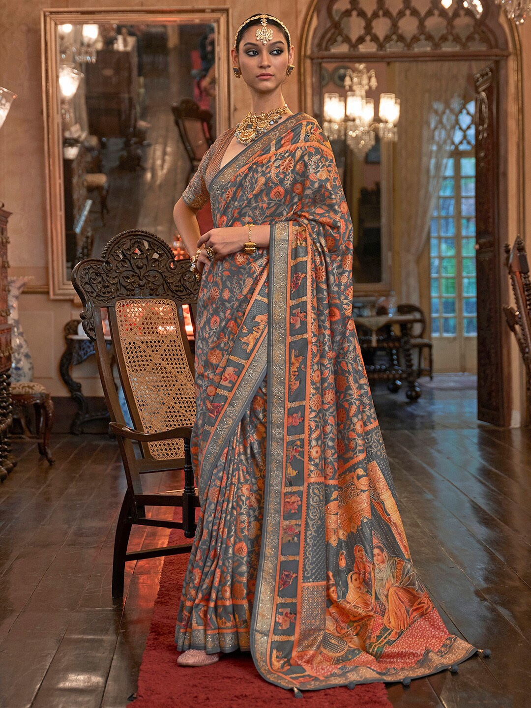 

Anouk Ethnic Motifs Printed Beads & Stones Banarasi Saree, Grey