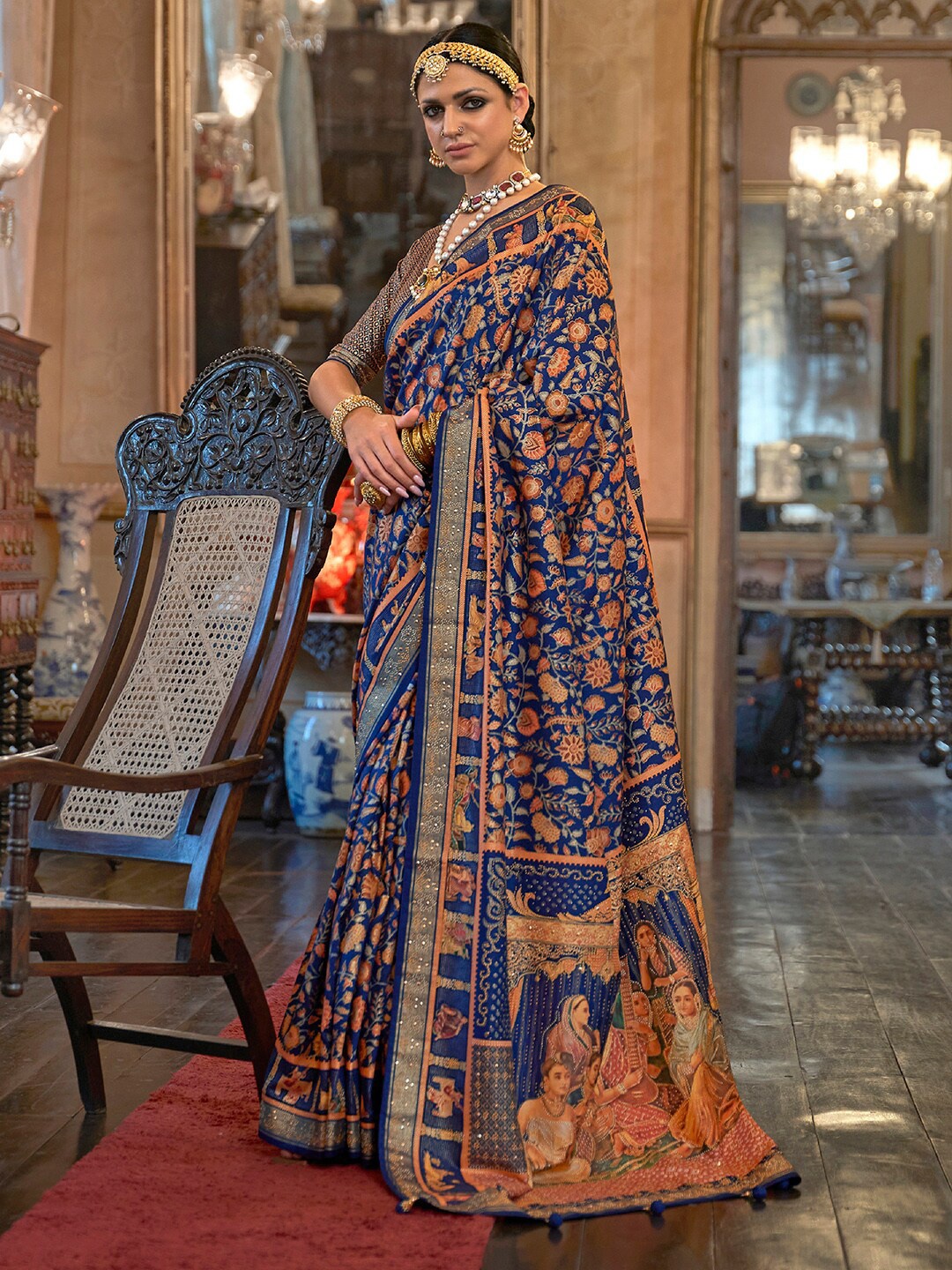 

Anouk Floral Printed Beads and Stones Banarasi Saree, Blue