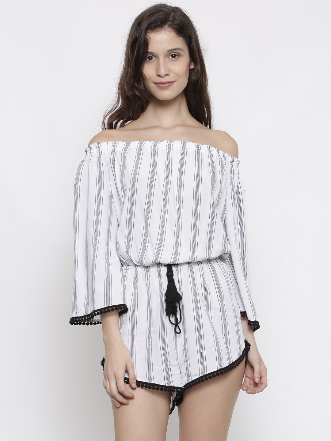 

FOREVER 21 Cream-Coloured & Black Off-Shoulder Striped Playsuit