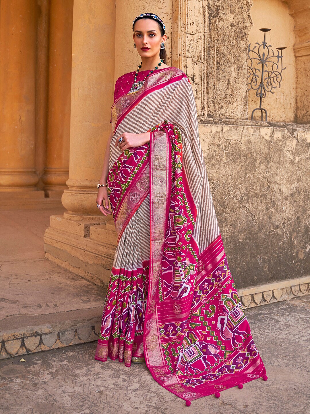 

Anouk Ethnic Motifs Printed Beads and Stones Embellished Patola Saree, Pink