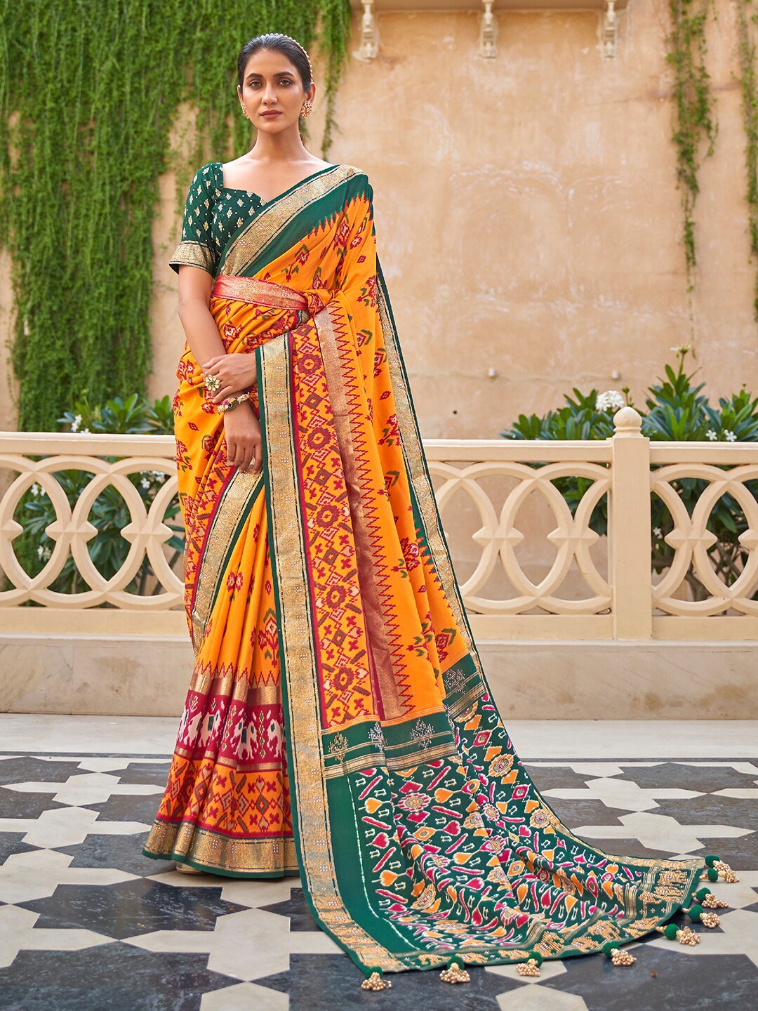 

Anouk Ethnic Motifs Printed Zari Pochampally Saree, Yellow