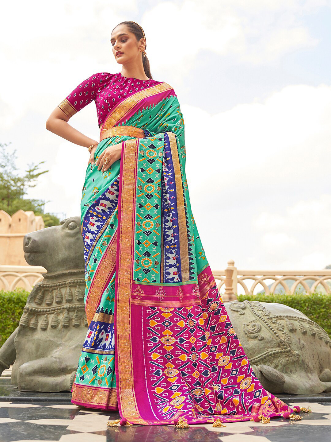 

Anouk Ethnic Motifs Beads and Stones Pochampally Saree, Sea green