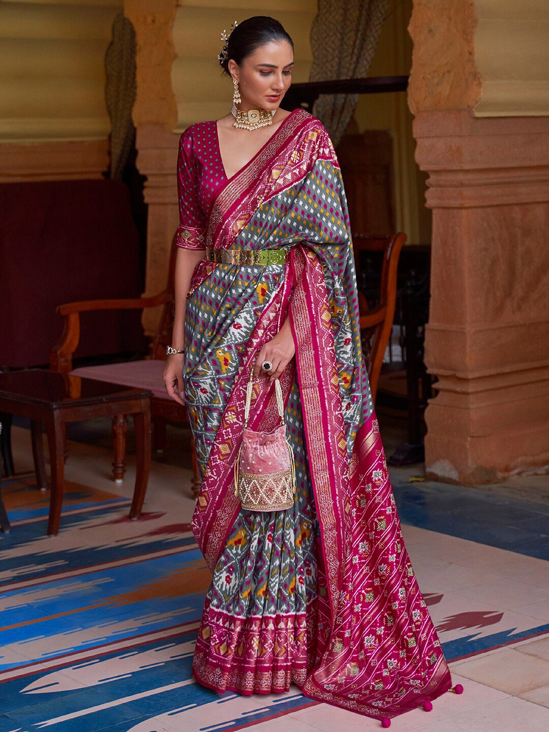 

Anouk Ethnic Motifs Printed Patola Saree, Grey