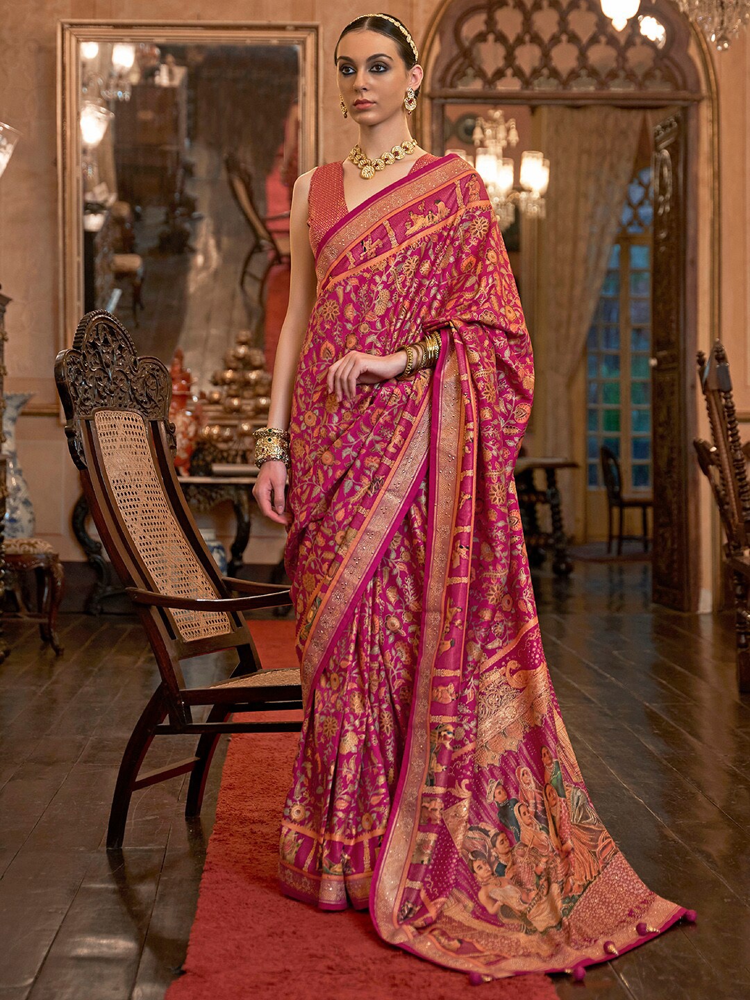 

Anouk Pink & Green Ethnic Motifs Beads and Stones Silk Blend Banarasi Saree