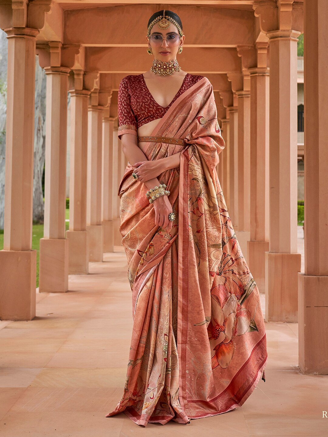 

Anouk Floral Printed Beads and Stones Saree, Peach