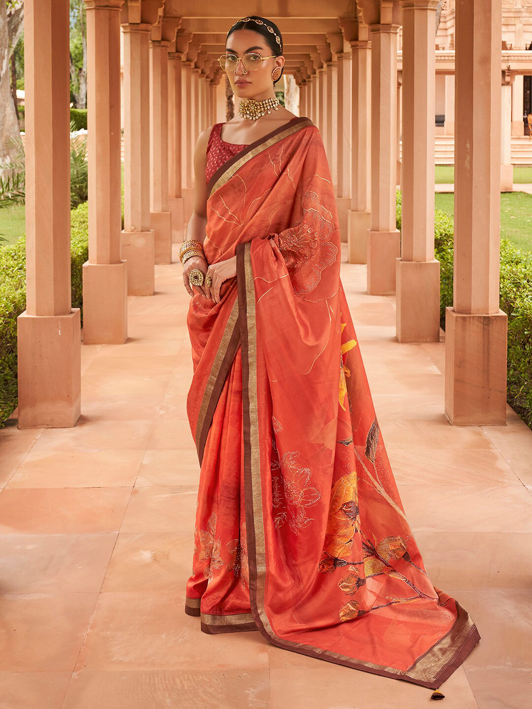 

Anouk Floral Printed Beads & Stones Zari Banarasi Saree, Orange