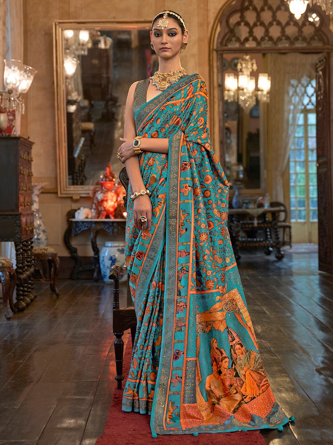 

Anouk Floral Motifs Printed Beads and Stones Embellished Banarasi Saree, Blue