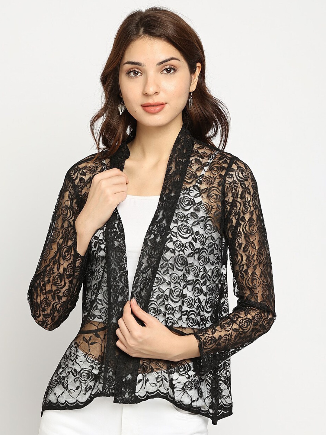 

Ira Soleil Women Stylish Self Design Front Open Lace Shrug, Black