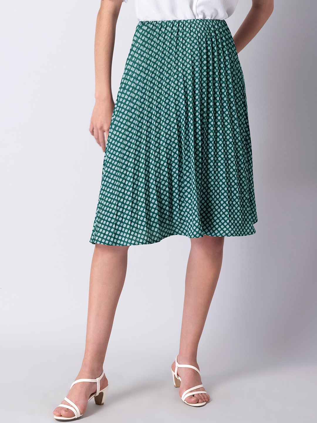 

FabAlley Polka Dots Printed Accordion Pleated Satin Midi Skirt, Green