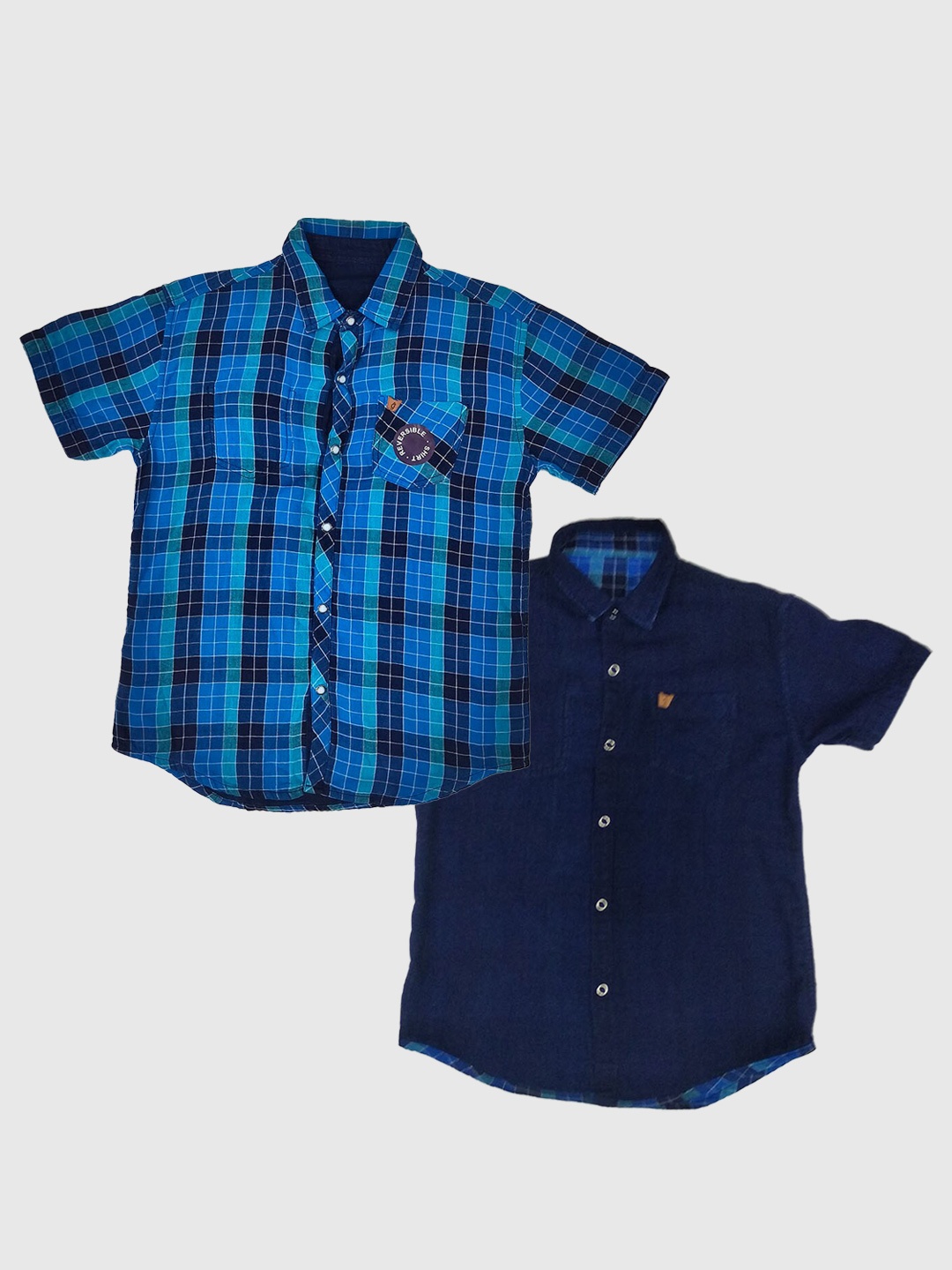 

Palm Tree Boys Pack Of 2 Spread Collar Checked Casual Cotton Shirt, Blue
