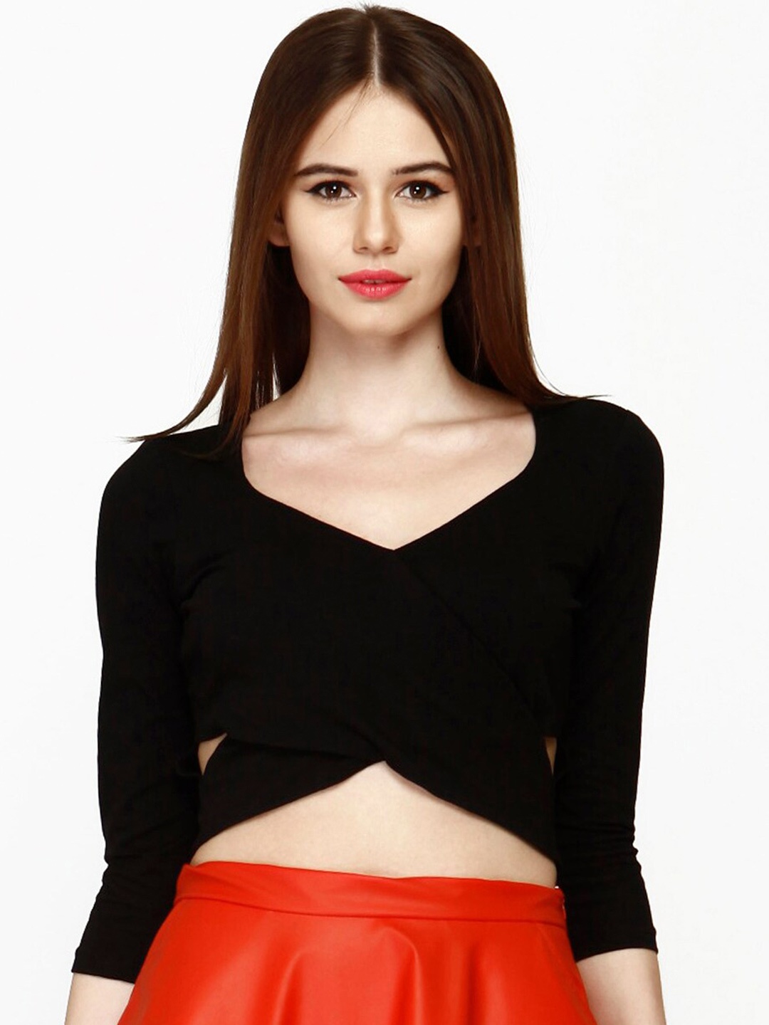 

FabAlley V-Neck Cut-Out Pure Cotton Wrap Crop Top, Black