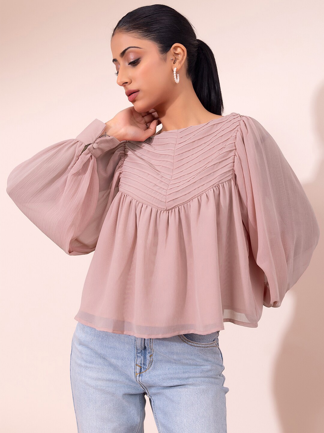 

FabAlley Cuffed Sleeves Boat Neck Georgette Top, Pink