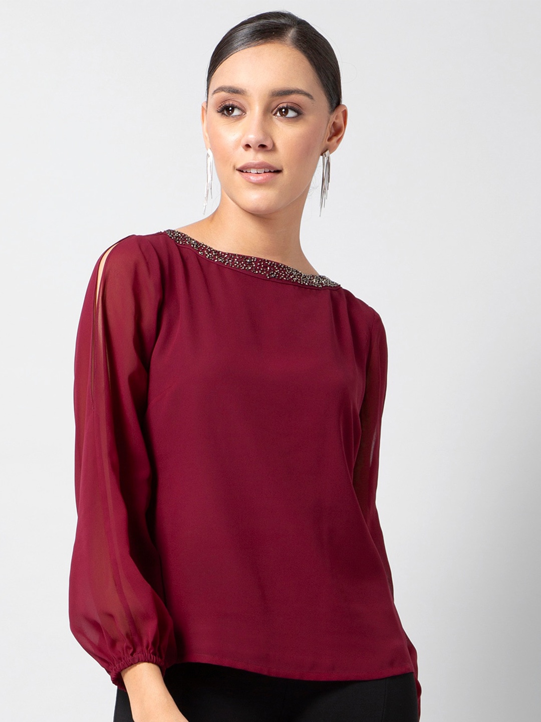 

FabAlley Embellished Cold Shoulder Georgette Top, Maroon