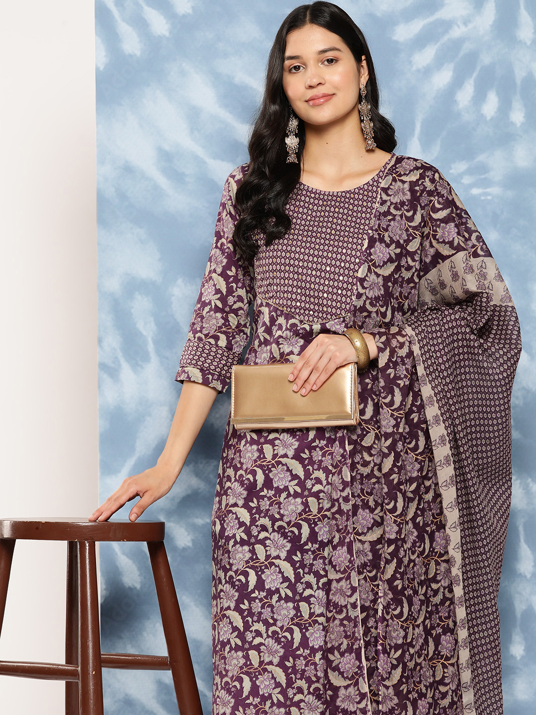

Yufta Floral Printed Sequinned Pure Cotton Kurta With Trousers & Dupatta, Purple